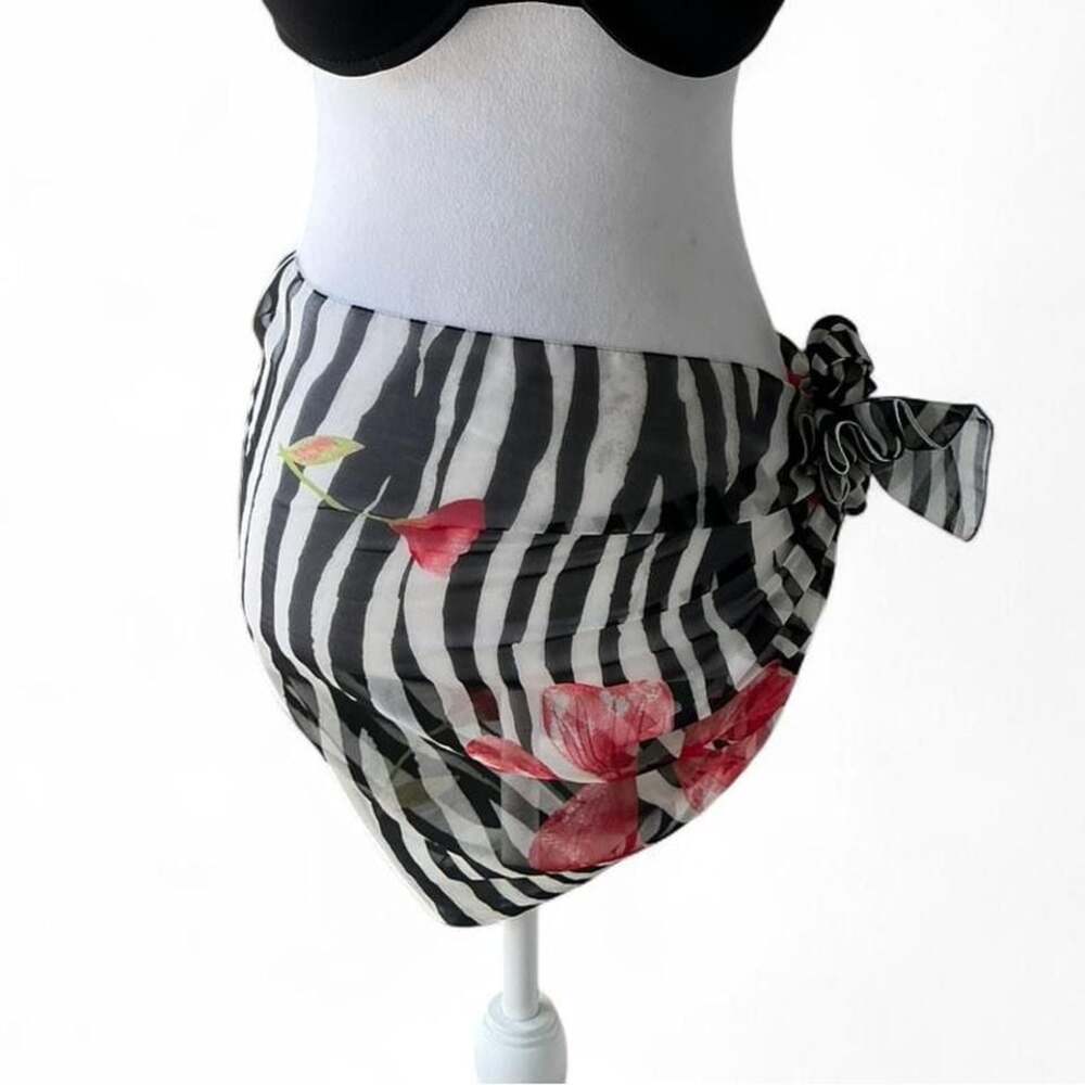 Y2K Zebra Print Sheer Scarf with Red Floral Accents – Multi‑Wear